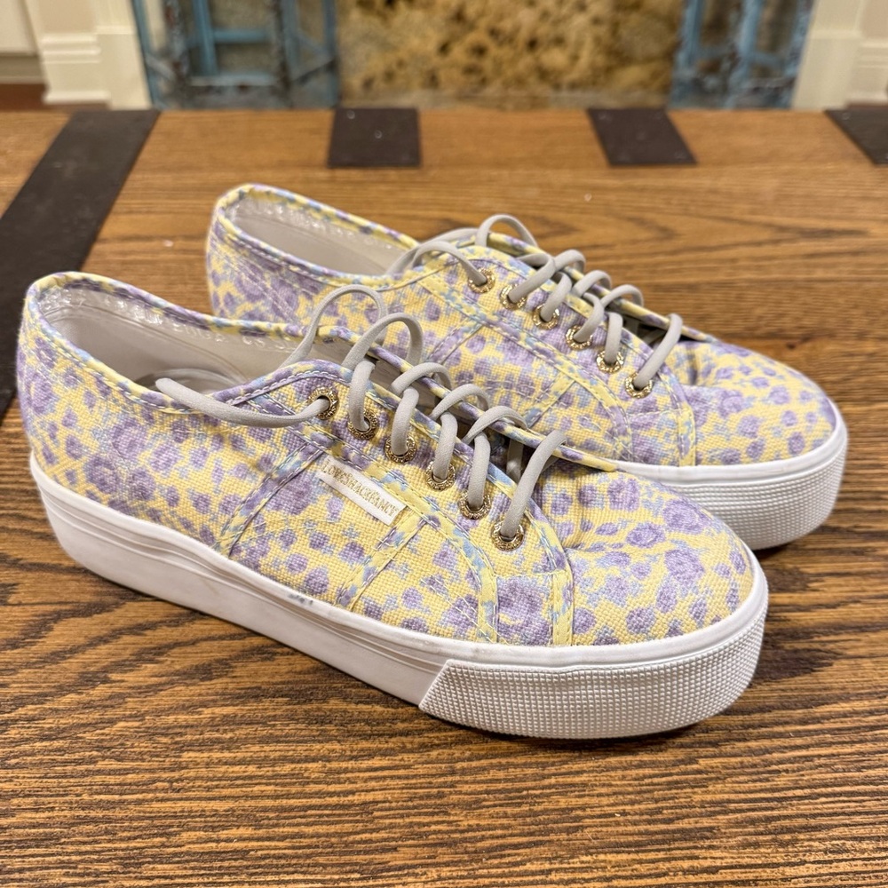 F14 - Superga X LoveShackFancy Yellow and Purple Patterned Platform Sneakers